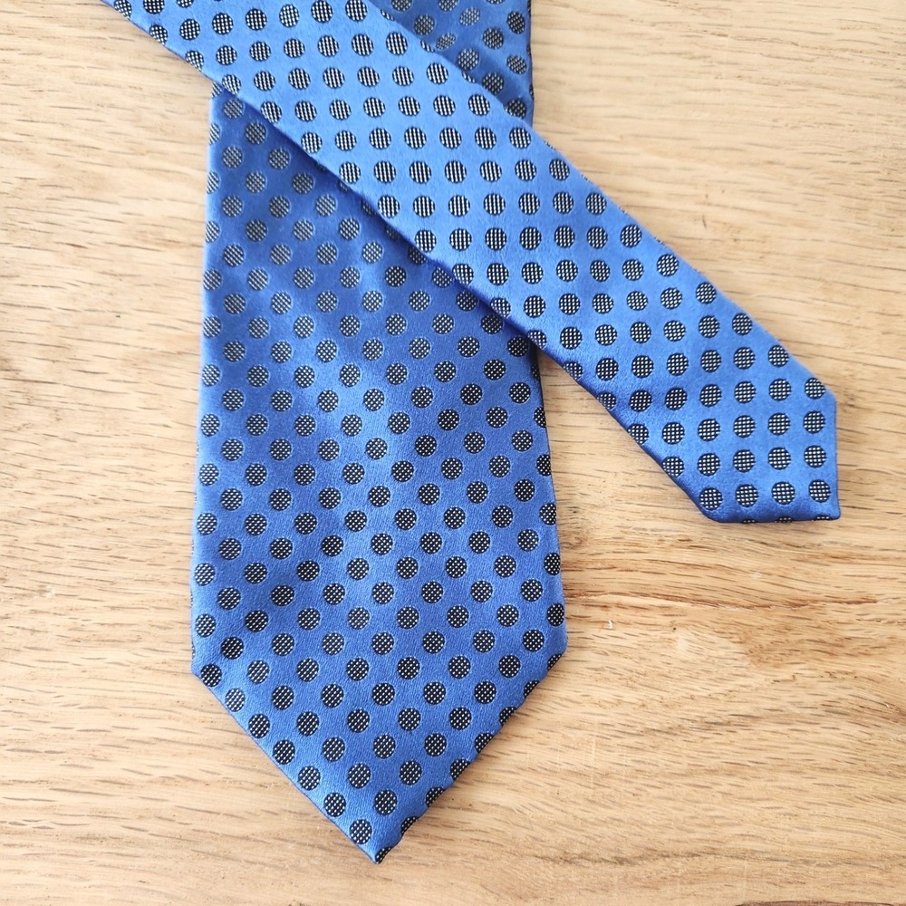 Ermenegildo Zegna Blue Silk Tie Black Polka‎ Dot Pattern Necktie Men's